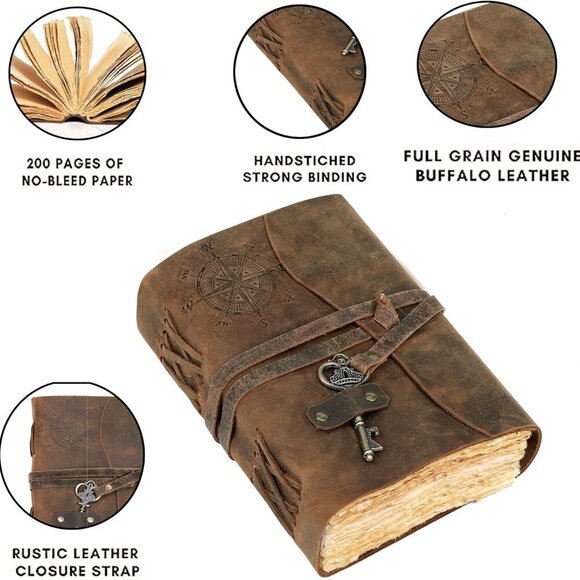 C Compass Vintage Leather Journal - Antique Handmade Leather Bound journal with - Picture 4 of 10